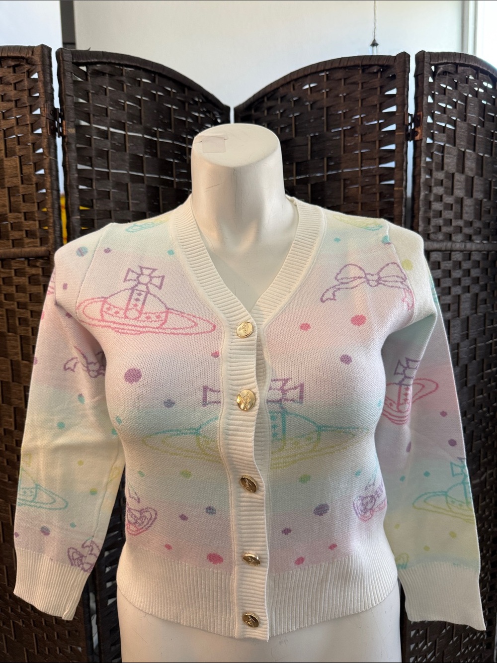 Pastel Planet Pattern Women’s V-Neck Button Sweater